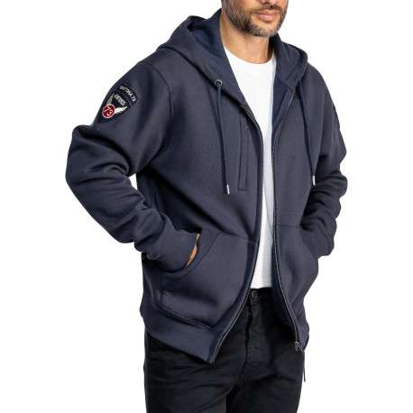 Sweat zippé en coton mélangé bleu marine muni d'une capuche à coupe droite