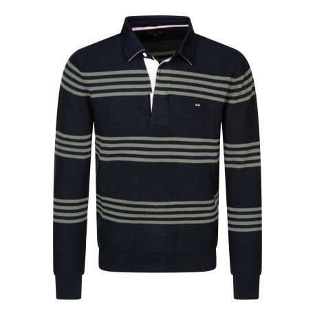 Pull en coton bleu marine avec une coupe droite et un col à revers boutonné