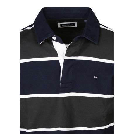 Pull marine en coton à rayures kaki avec une coupe droite et un col polo - Image 3