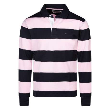 Pull en coton noir et rose à rayures avec une coupe droite et un col polo