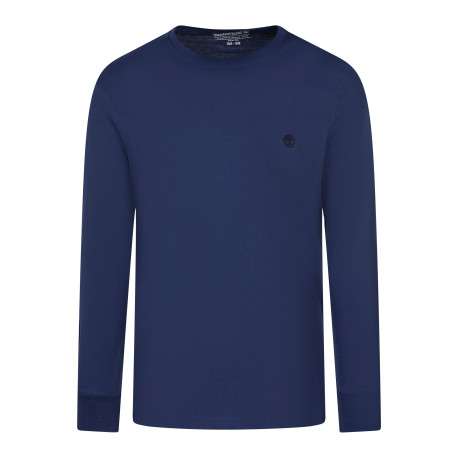 T-shirt en coton bleu à coupe droite pourvu d'un col rond et de manches longues