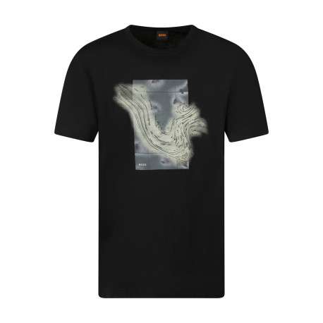 T-shirt noir en coton orné d'un imprimé abstrait sur la poitrine à coupe droite