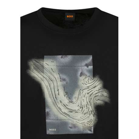 T-shirt noir en coton orné d'un imprimé abstrait sur la poitrine à coupe droite - Image 3