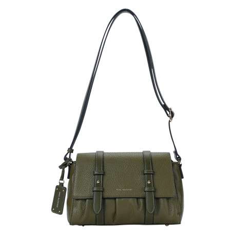 Sac à bandoulière kaki en simili-cuir grainé à rabat et double patte lisse