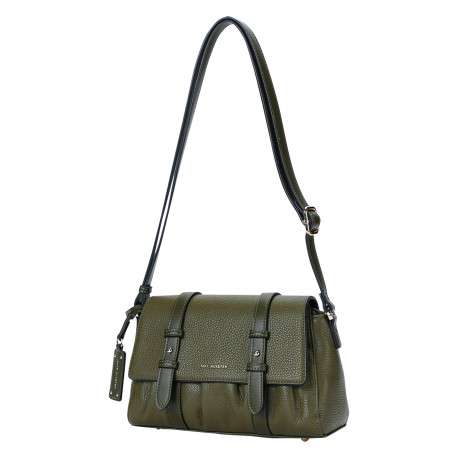 Sac à bandoulière kaki en simili-cuir grainé à rabat et double patte lisse - Image 3