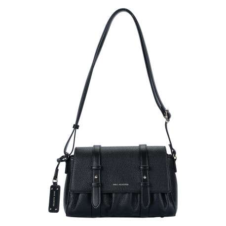 Sac à bandoulière noir en simili-cuir grainé à rabat et double patte lisse