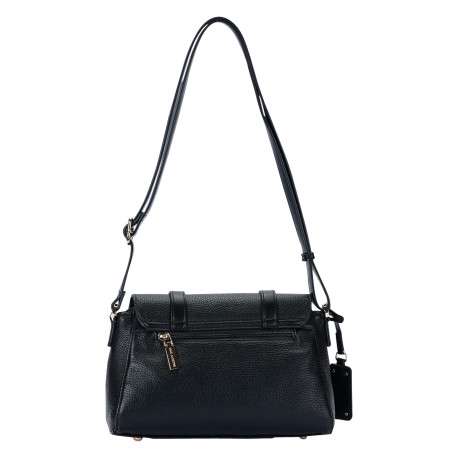 Sac à bandoulière noir en simili-cuir grainé à rabat et double patte lisse - Image 2