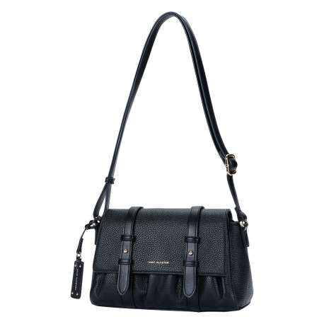 Sac à bandoulière noir en simili-cuir grainé à rabat et double patte lisse - Image 3