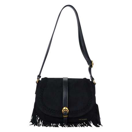 Sac à bandoulière noir pourvu d'un rabat en textile suédé à franges