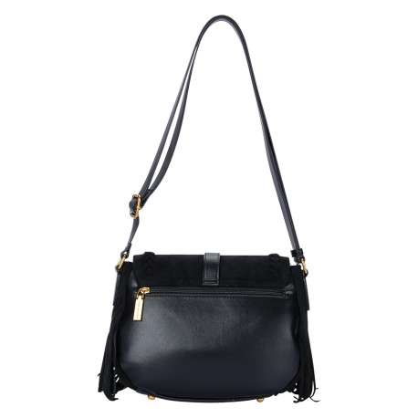 Sac à bandoulière noir pourvu d'un rabat en textile suédé à franges - Image 2