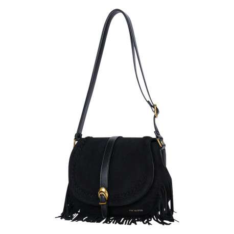 Sac à bandoulière noir pourvu d'un rabat en textile suédé à franges - Image 3
