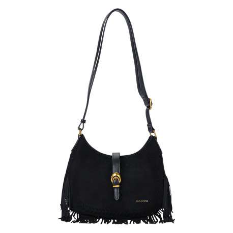 Sac à bandoulière noir en textile suédé à franges et détails simili-cuir