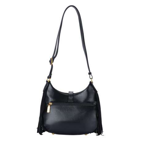 Sac à bandoulière noir en textile suédé à franges et détails simili-cuir - Image 2