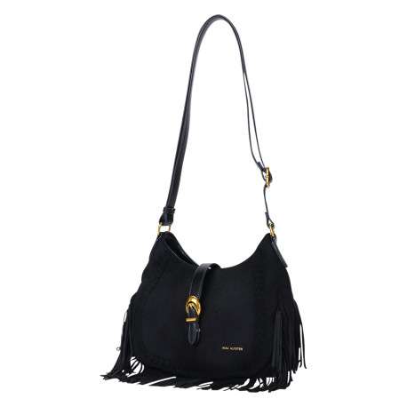 Sac à bandoulière noir en textile suédé à franges et détails simili-cuir - Image 3