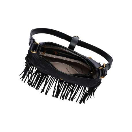 Sac à bandoulière noir en textile suédé à franges et détails simili-cuir - Image 4