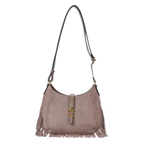 Sac à bandoulière taupe en textile suédé agrémenté de franges