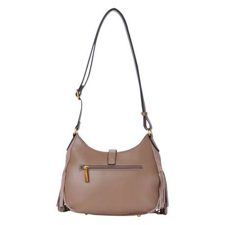 Sac à bandoulière taupe en textile suédé agrémenté de franges - Image 2