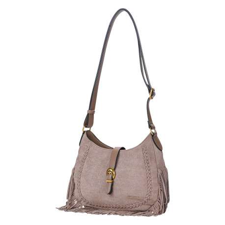 Sac à bandoulière taupe en textile suédé agrémenté de franges - Image 3