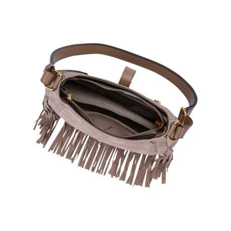 Sac à bandoulière taupe en textile suédé agrémenté de franges - Image 4