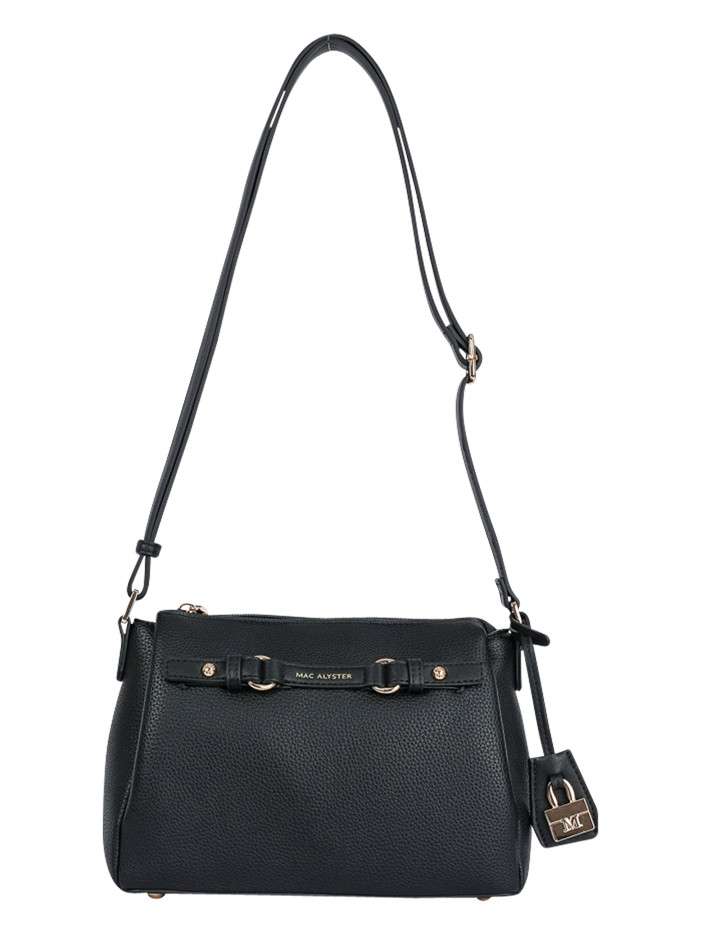 Sac à bandoulière noir doté d'une bride frontale décorative et un cadenas doré