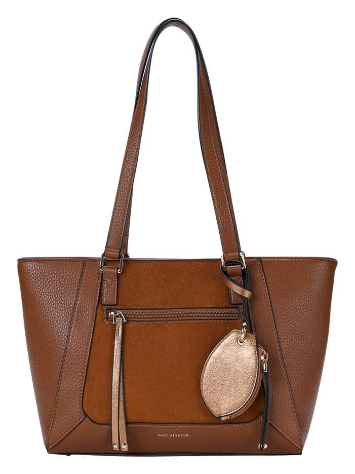 Sac shopping camel bi-matière à poche zippée avant et mini pochette amovible