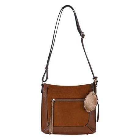 Sac à main porté épaule camel bi-matière agrémenté d'une pochette métallisée