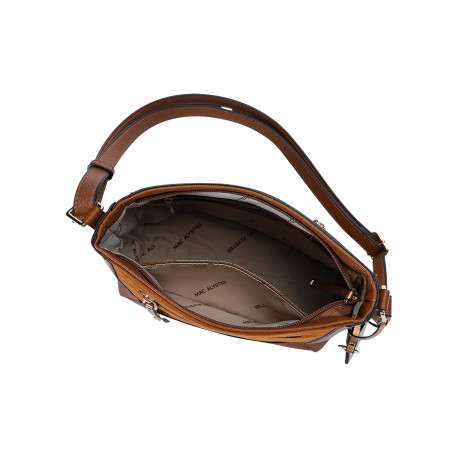 Sac à main porté épaule camel bi-matière agrémenté d'une pochette métallisée - Image 4