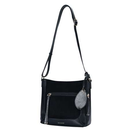 Sac à main porté épaule noir bi-matière en simili-cuir grainé et textile suédé - Image 3