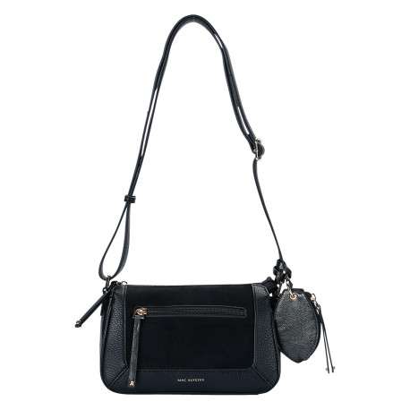 Sac à bandoulière noir bi-matière en simili-cuir grainé et textile suédé
