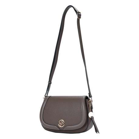 Sac à bandoulière taupe effet cuir grainé orné d'un badge métallique - Image 3