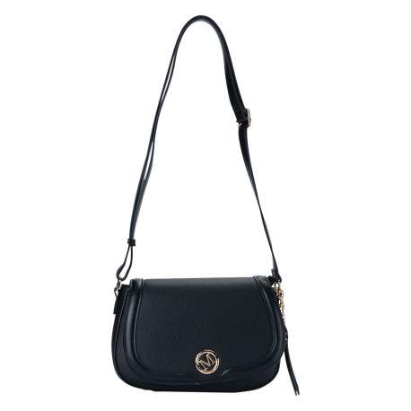 Sac à bandoulière noir effet cuir grainé avec un badge métallique