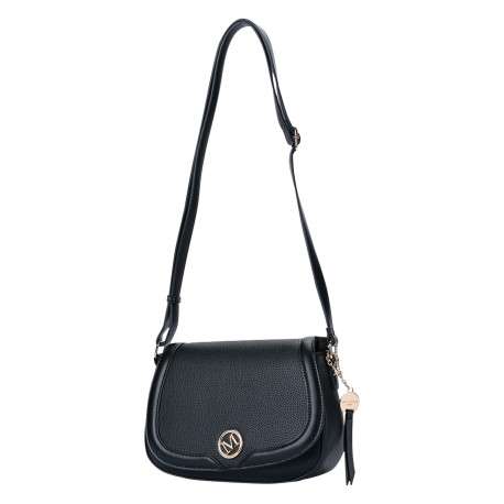 Sac à bandoulière noir effet cuir grainé avec un badge métallique - Image 3
