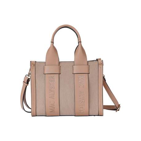 Sac à main écru bi-matière texturé pourvu de détails métalliques dorés - Image 2