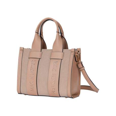 Sac à main écru bi-matière texturé pourvu de détails métalliques dorés - Image 3
