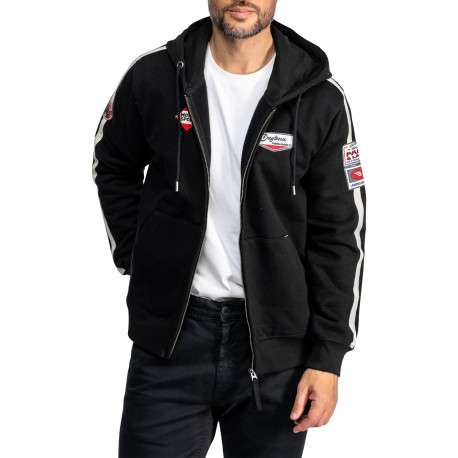 Sweat zippé noir à capuche avec bandes contrastées et des patchs