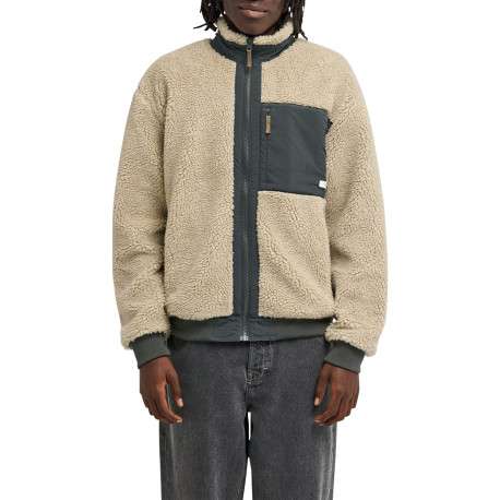 Blouson beige et gris pourvu d'une coupe droite et d'un col montant - Image 3