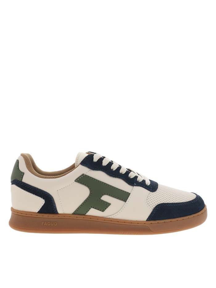 Tennis Hazel en cuir blanc avec des empiècements verts et bleus à talon plat