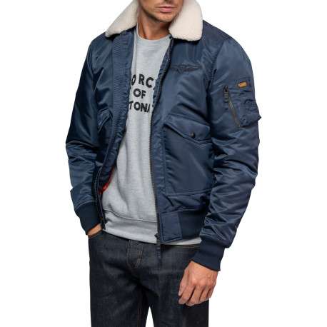 Blouson bleu marine pourvu d'un col à revers en fausse fourrure - Image 3