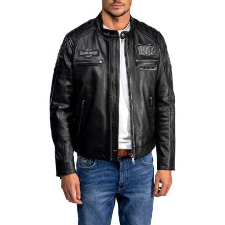 Blouson en cuir de mouton noir pourvu d'une coupe droite et un col boutonné