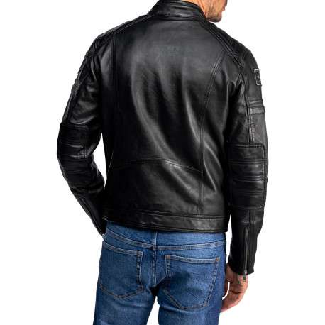 Blouson en cuir de mouton noir pourvu d'une coupe droite et un col boutonné - Image 2