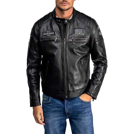 Blouson en cuir de mouton noir pourvu d'une coupe droite et un col boutonné - Image 3