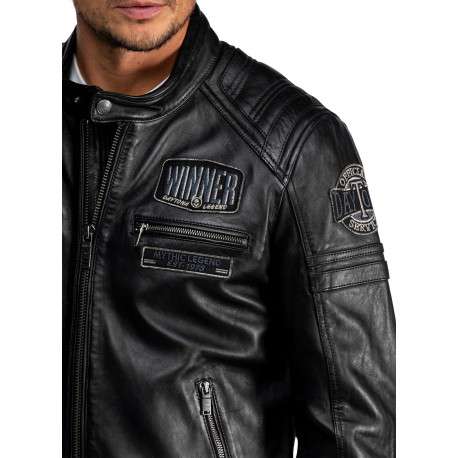 Blouson en cuir de mouton noir pourvu d'une coupe droite et un col boutonné - Image 6