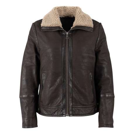Blouson en cuir de mouton brun à coupe droite pourvu d'un col montant