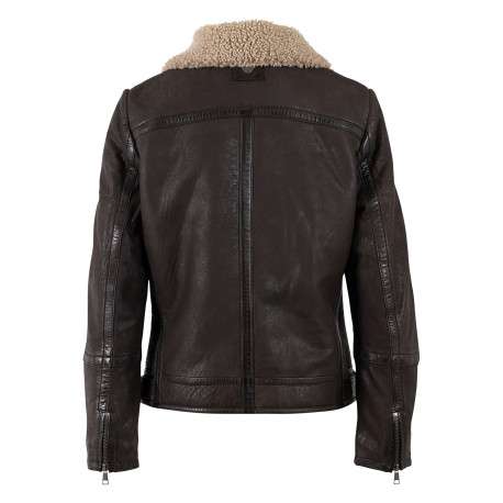 Blouson en cuir de mouton brun à coupe droite pourvu d'un col montant - Image 2