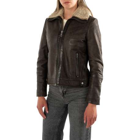 Blouson en cuir de mouton brun à coupe droite pourvu d'un col montant - Image 3