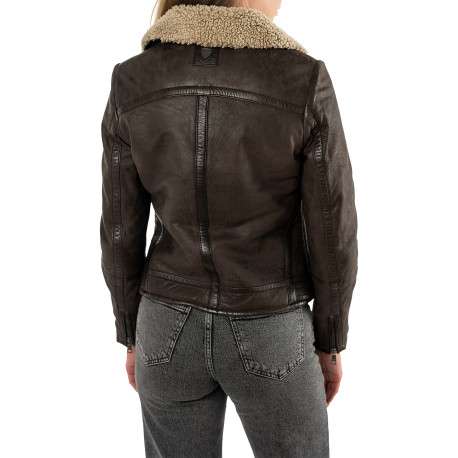 Blouson en cuir de mouton brun à coupe droite pourvu d'un col montant - Image 4