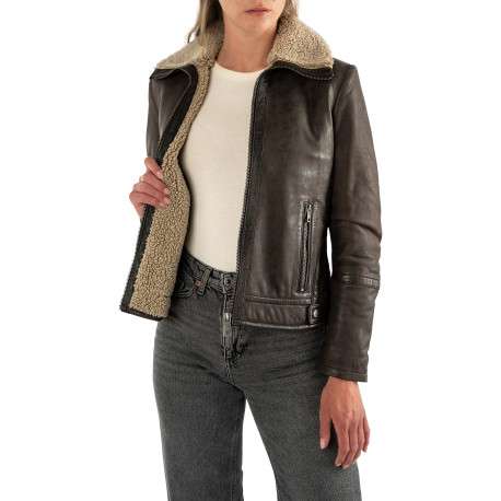 Blouson en cuir de mouton brun à coupe droite pourvu d'un col montant - Image 5