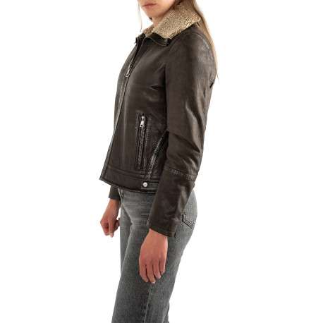 Blouson en cuir de mouton brun à coupe droite pourvu d'un col montant - Image 6
