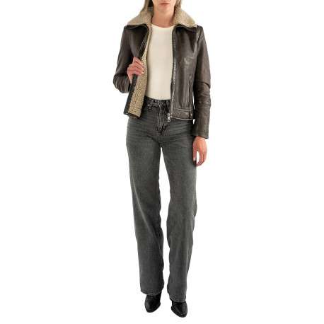 Blouson en cuir de mouton brun à coupe droite pourvu d'un col montant - Image 7