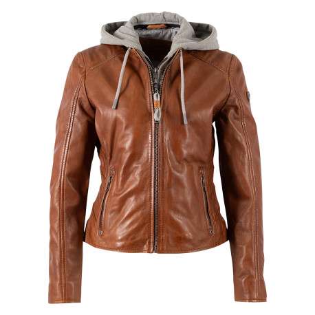 Blouson en cuir de mouton cognac à coupe droite pourvu d'un col à capuche